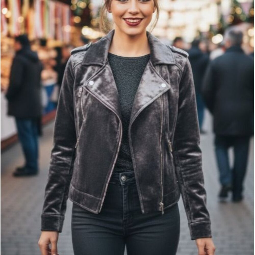 ❤️BLANKNYC Gray Velvet Moto Jacket Womens XS Biker Shinny Side Zip Biker Party❤️